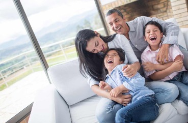 family, laughing, couple, children, indoors, home
