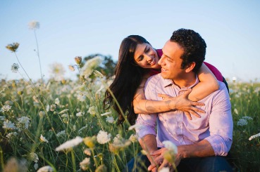 couple, field, outdoors, embrace, smiling